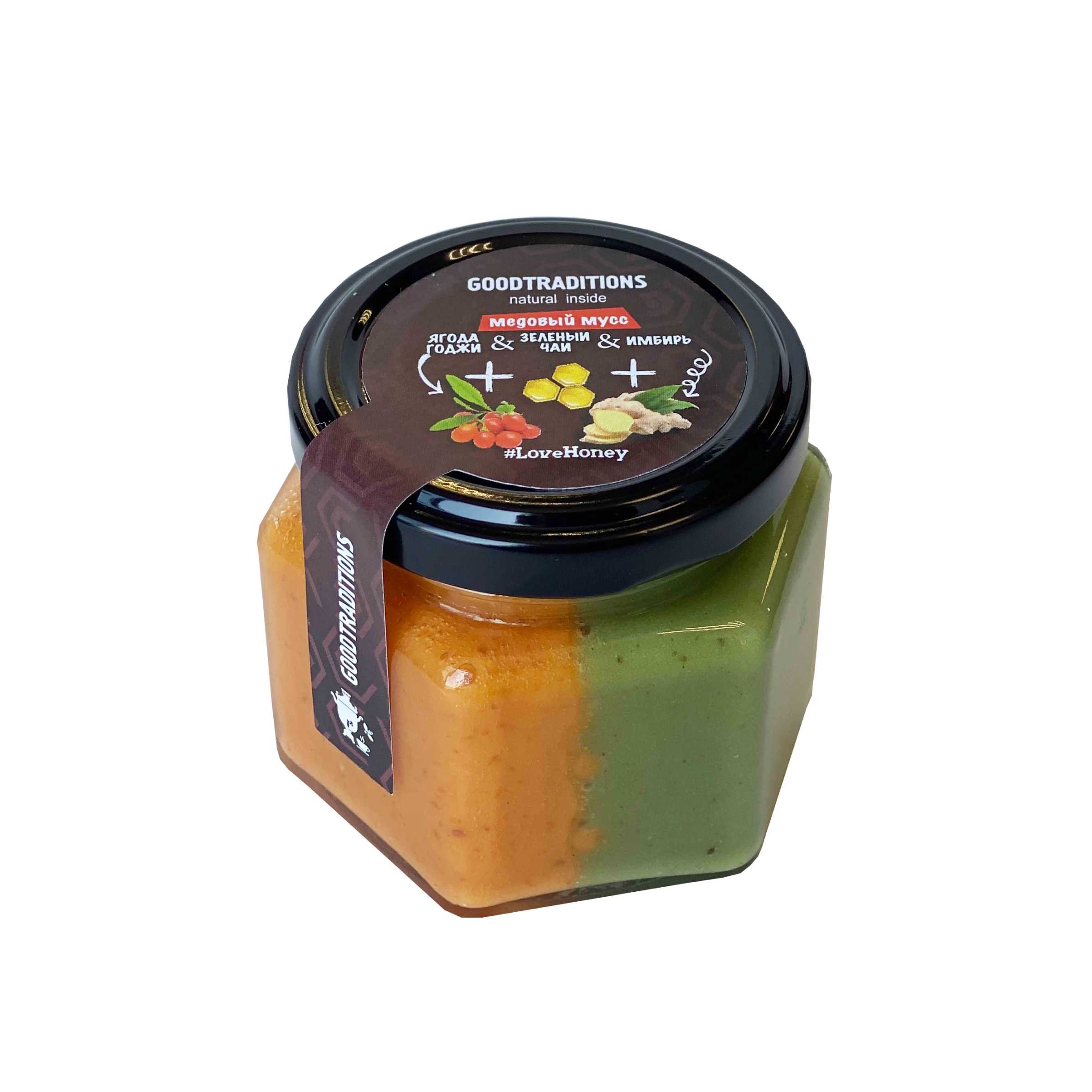 Honey mousse with goji berry, ginger and green tea, 180g