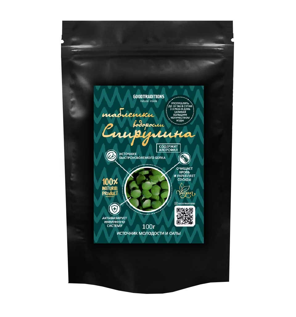 Spirulina tablets, kraft black, 100g